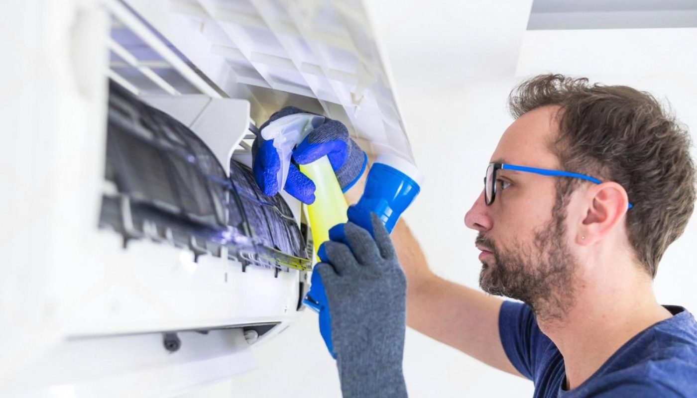 Technician cleaning a split AC unit inside a Dubai apartment